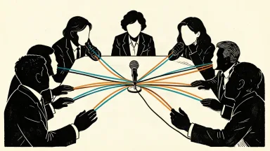 An editorial illustration showing a central microphone with eight distinct lines connecting it to eight surrounding silhouettes, representing multi-speaker tracking.