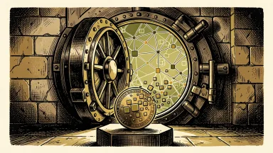Morgan Stanley launches Digital Asset Lab: a heavy bank vault door opens to reveal a glowing digital lattice as a physical coin transforms into digital blocks.