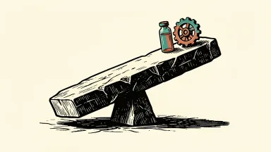 S&P 500 futures decline as Vaxcyte and PTC rise: a heavy stone slab tilts downward on a pivot while two small vials and a gear rise on the elevated end.
