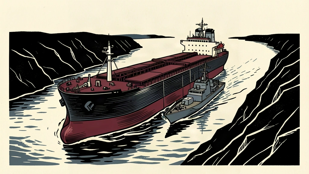 An editorial illustration showing a large oil tanker being closely escorted by a naval vessel through a narrow strait.