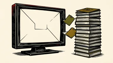 Netflix job cuts: a stylized television screen stands next to a stack of folders where several files are being removed.