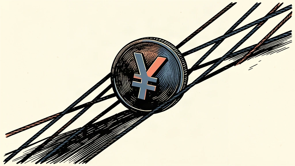 A yen coin is held on a slope by taut cables, representing the currency's dependence on specific policy shifts to avoid a decline.