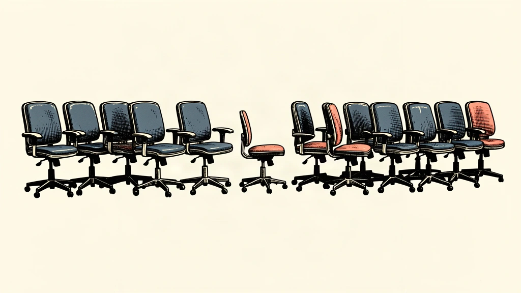 A long, stable row of office chairs with a single gap in the middle, representing steady hiring despite a specific sector decline.