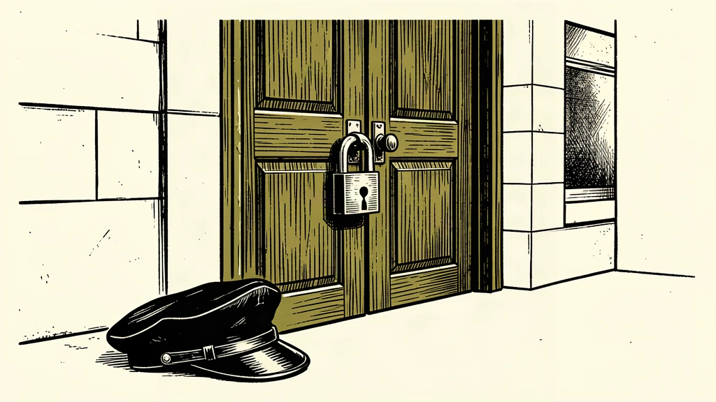 A locked municipal door with an abandoned police hat on the ground, representing the shutdown of the department.