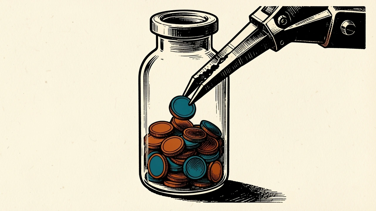 Novo Nordisk share repurchase programme: a mechanical arm retrieves a circular token from a large glass pharmaceutical vial.