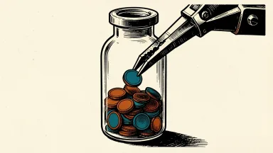 Novo Nordisk share repurchase programme: a mechanical arm retrieves a circular token from a large glass pharmaceutical vial.