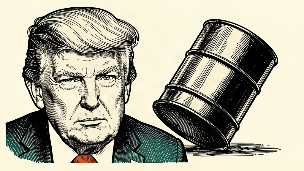A portrait of Donald Trump next to a falling oil barrel. Identity photo references adapted into illustration: Daniel Torok (Public domain; https://commons.wikimedia.org/wiki/File:Official_Presidential_Portrait_of_President_Donald_J._Trump_(2025).jpg); source https://commons.wikimedia.org/wiki/File:Official_Presidential_Portrait_of_President_Donald_J._Trump_(2025).jpg