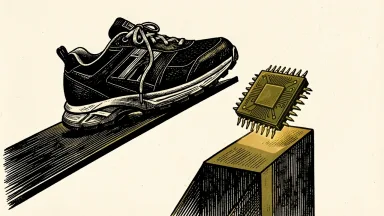Nvidia and Nike stocks diverging: a microchip rises on an upward pedestal while a large athletic shoe sits on a downward-sloping platform.