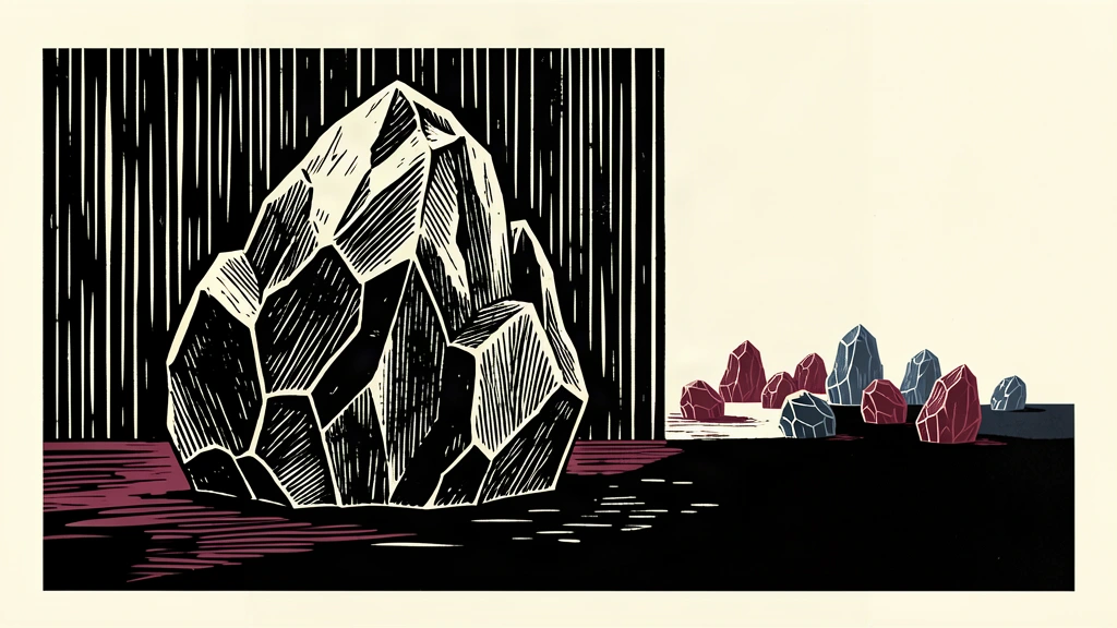 An editorial illustration showing a large mineral rock separated from other fragments by a thick black barrier.