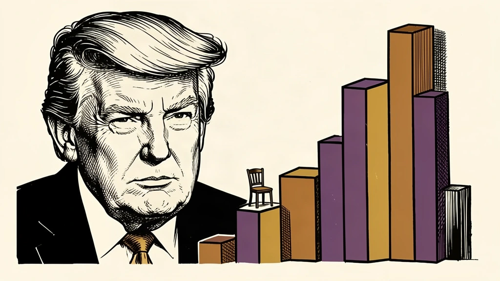 An editorial illustration showing Donald Trump observing a rising market represented by ascending pillars, with a vacant chair symbolizing his comment on the Fed leadership. Identity photo references adapted into illustration: Daniel Torok (Public domain; https://commons.wikimedia.org/wiki/File:Official_Presidential_Portrait_of_President_Donald_J._Trump_(2025).jpg); source https://commons.wikimedia.org/wiki/File:Official_Presidential_Portrait_of_President_Donald_J._Trump_(2025).jpg