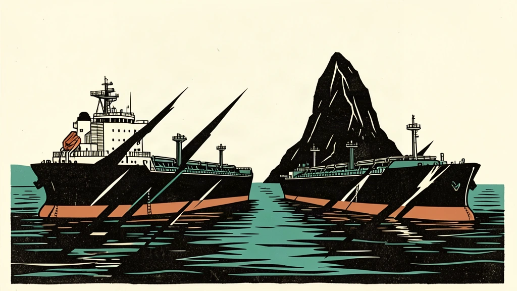 An editorial illustration showing two oil tankers being visually disrupted by sharp, jagged digital-style slashes as they pass a coastal rock formation.