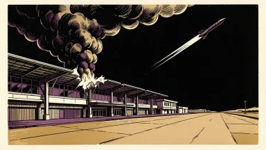 Aden airport terminal with a damaged roof and rising smoke as an interceptor missile streaks through the sky in the distance.