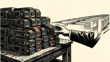 Lumentum optical parts sold out through 2029: a hand reaches for the last transceiver module on a workbench beside a long row of empty shipping crates.