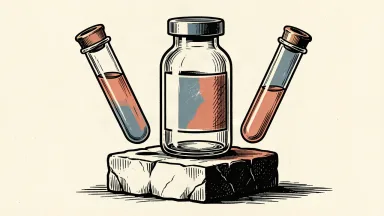Merck & Co. advancing clinical trials: a large glass vial flanked by two leaning test tubes on a stone base.