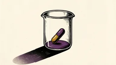 ArriVent BioPharma stock plunges after a drug trial miss: a single medical capsule remains unchanged inside a laboratory beaker that casts a long, steep shadow.