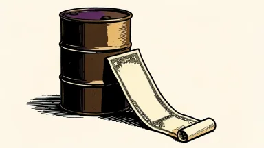 U.S. Treasury yields falling alongside oil prices: a Treasury bond scroll unfurls downward next to a heavy oil drum.