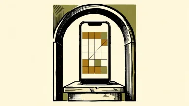 Patriot Mobile seeking a Nasdaq listing: a smartphone stands on a stone pedestal before a large architectural archway.