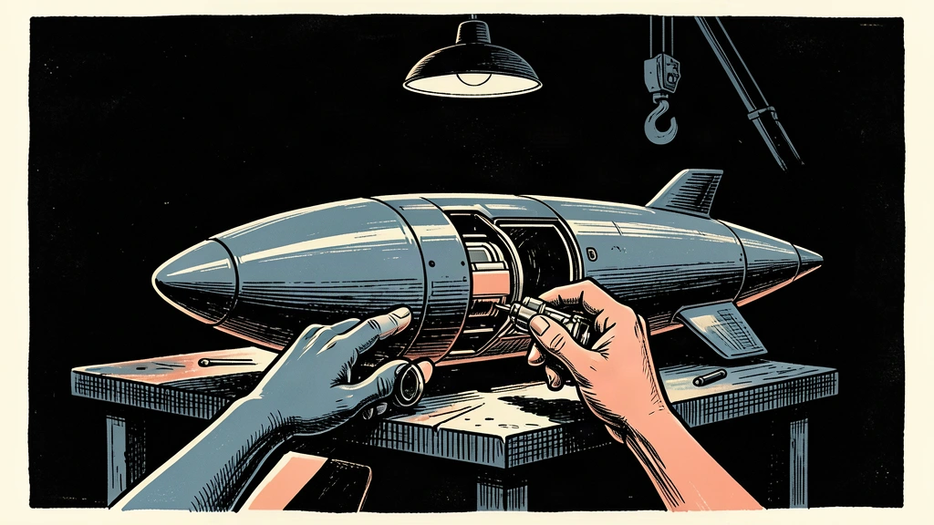 A captured underwater drone is being examined on a workbench by anonymous hands holding a mechanical part.