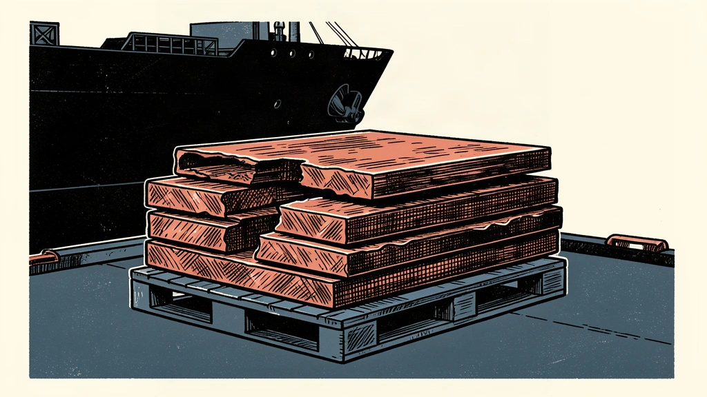 An editorial illustration showing a partially empty pallet of copper slabs on a shipping dock against the silhouette of a cargo ship, representing a drop in export volume.