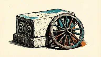 Prudential Financial's stone block with a stagecoach wheel leaning against it.