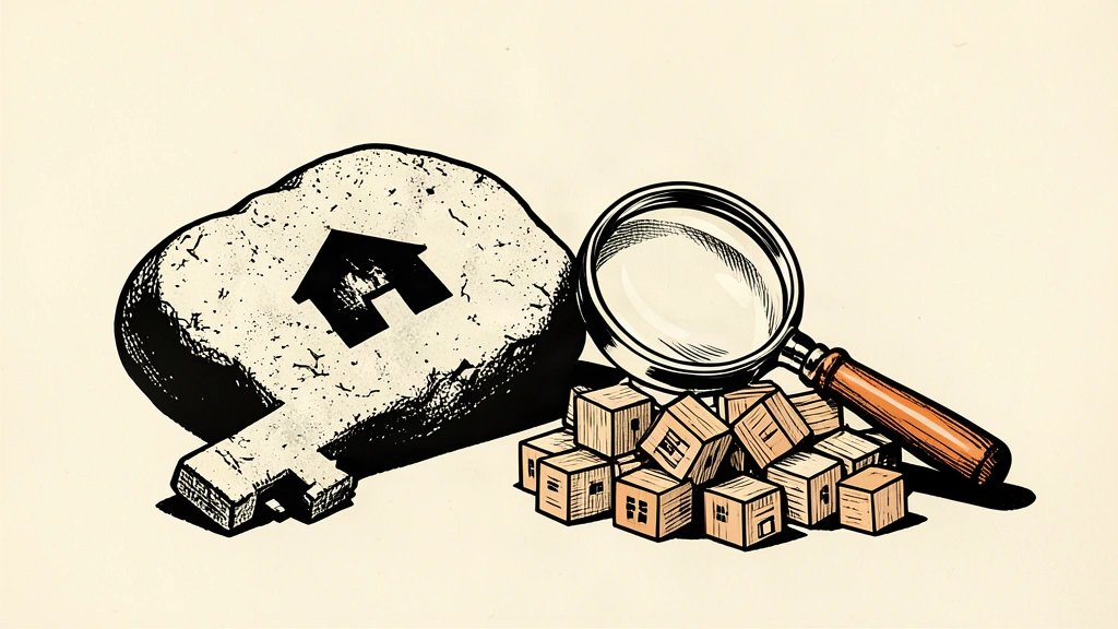 A linocut illustration of a stone key with a house-shaped handle next to a magnifying glass and small wooden blocks.