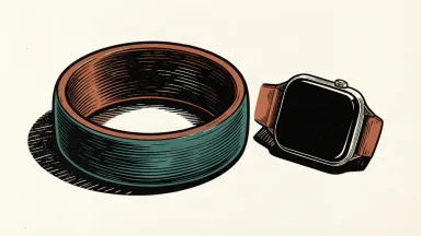 An editorial illustration showing a minimalist screenless fitness band casting a shadow over a traditional smartwatch.