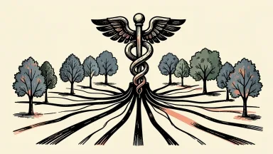 Humana's economic impact in Kentucky: a central medical caduceus symbol with ink lines flowing from its base to nourish a surrounding grove of trees.