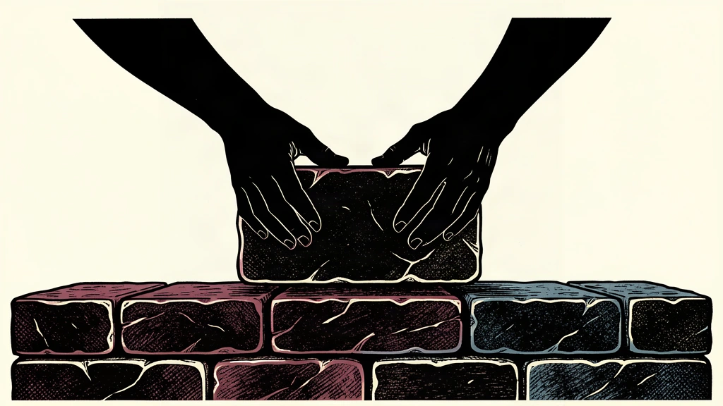 A conceptual illustration showing anonymous hands adding a heavy stone block to a stable foundation, representing the continuation of fiscal discipline.