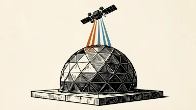 RTX's Raytheon modernizing U.S. Space Force radars: a large geodesic radar dome on a platform projecting digital beams toward an orbiting satellite.
