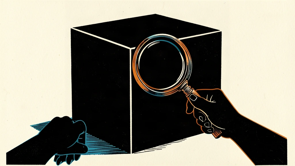 An editorial illustration showing a large black cube being inspected by hands with a magnifying glass that reveals nothing inside.
