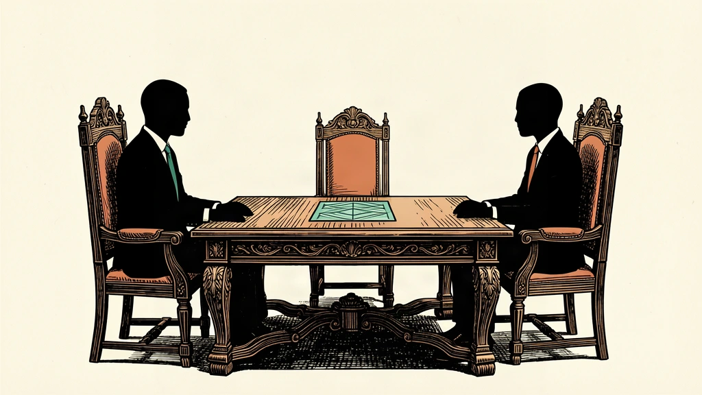 An editorial illustration showing two silhouettes at a three-sided meeting table with one chair left empty and a blank screen in front of it.