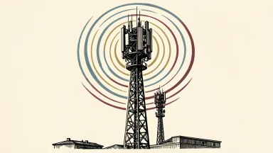 VEON acquires Perfectum to expand 5G in Uzbekistan: a large telecommunications tower emitting signal waves that encompass a smaller network mast.