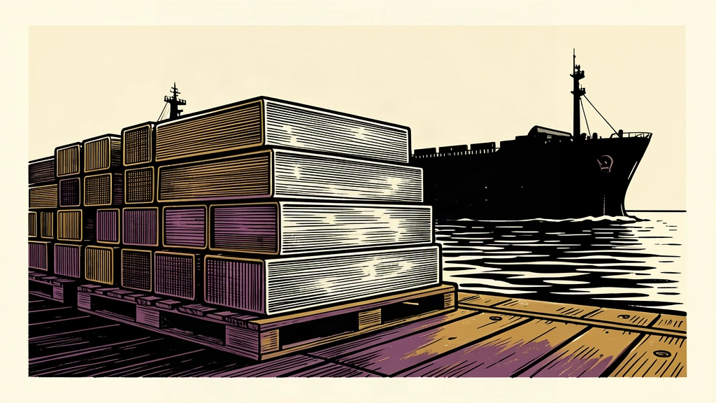 A heavy stack of aluminum ingots on a dock next to a large cargo ship.