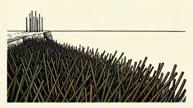 Nasdaq market performance: a small group of upright rods on a high ledge overlooks a vast, dense field of leaning rods on a lower level.