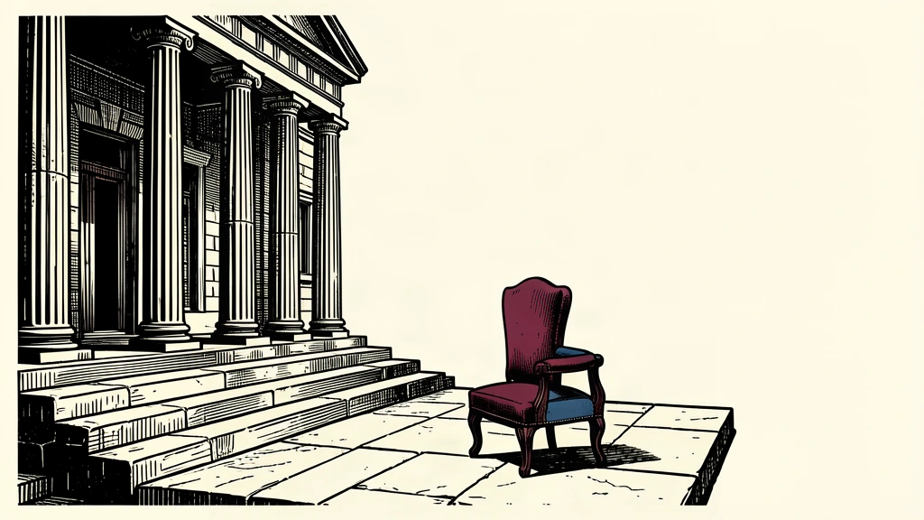An empty executive chair sits alone on a stone plaza in front of a large bank building.