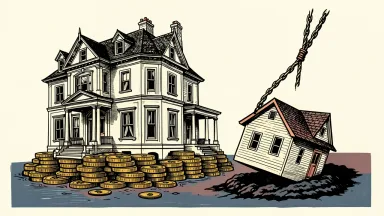 US housing market divide: a luxury home sits securely on a stack of gold coins while a smaller starter home is pulled down by a heavy cable.