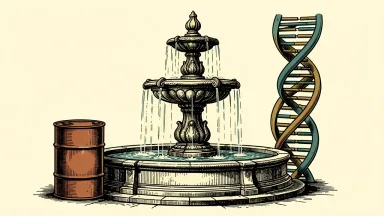 UK market roundup: a central water fountain flanked by an oil barrel and a DNA strand, representing Pennon, Shell, and AstraZeneca.