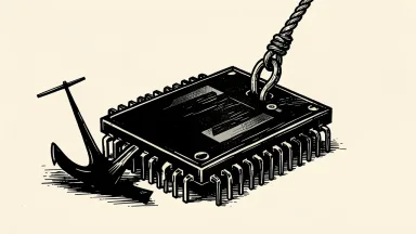 Micron memory chip under pressure from a heavy anchor while being pulled upward by a rope representing potential buybacks.