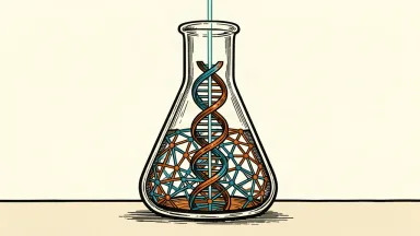 An editorial illustration showing a laboratory flask where a chaotic network of nodes is being organized into a DNA-like spiral by a focused beam of light.