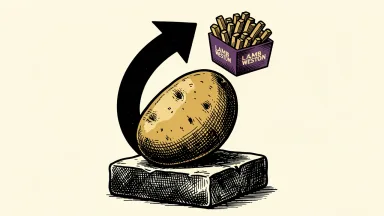 Lamb Weston stock jumps after earnings beat: a large potato on a stone base with a bold arrow lifting a crate of fries upward.