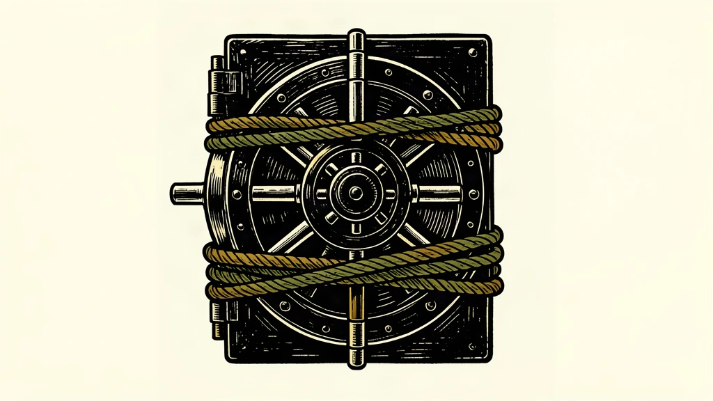 A bank vault door is tightly bound by a heavy cable, representing the imposition of new sanctions.
