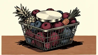 Village Super Market reporting fourth-quarter sales: a wire grocery basket overflowing with produce and topped with a large, blank metallic disc.