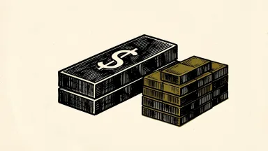 NFT Ltd. unit offering: a large black ink blockchain link beside a stack of rectangular units on ivory paper.
