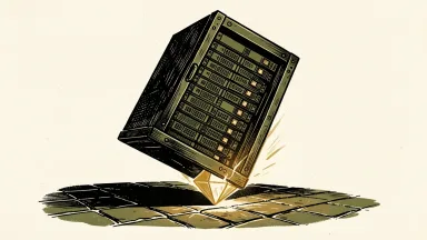 Accenture earnings outlook: an industrial server rack is tilted upward by a glowing geometric prism that acts as both a support and a source of pressure.