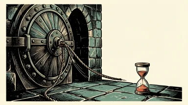 Federated Hermes warns of bond market volatility: a heavy vault door held by a vibrating, taut rope next to a flowing hourglass.