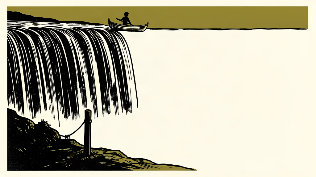 An editorial illustration of a small boat held by a thin rope at the edge of a massive waterfall, representing market fear and downside risk.