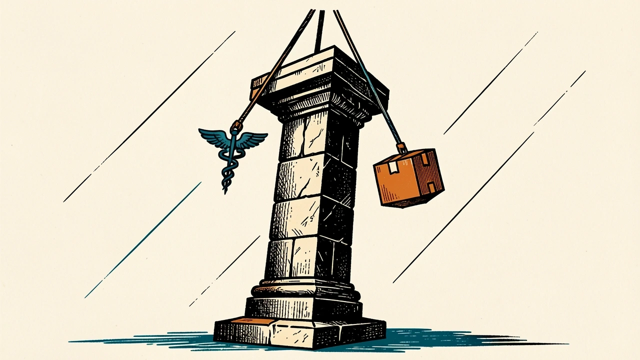 UnitedHealth and Amazon driving the Dow's gains: a heavy stone pillar lifted by a medical symbol and a shipping box.