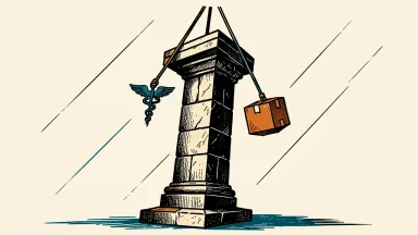 UnitedHealth and Amazon driving the Dow's gains: a heavy stone pillar lifted by a medical symbol and a shipping box.