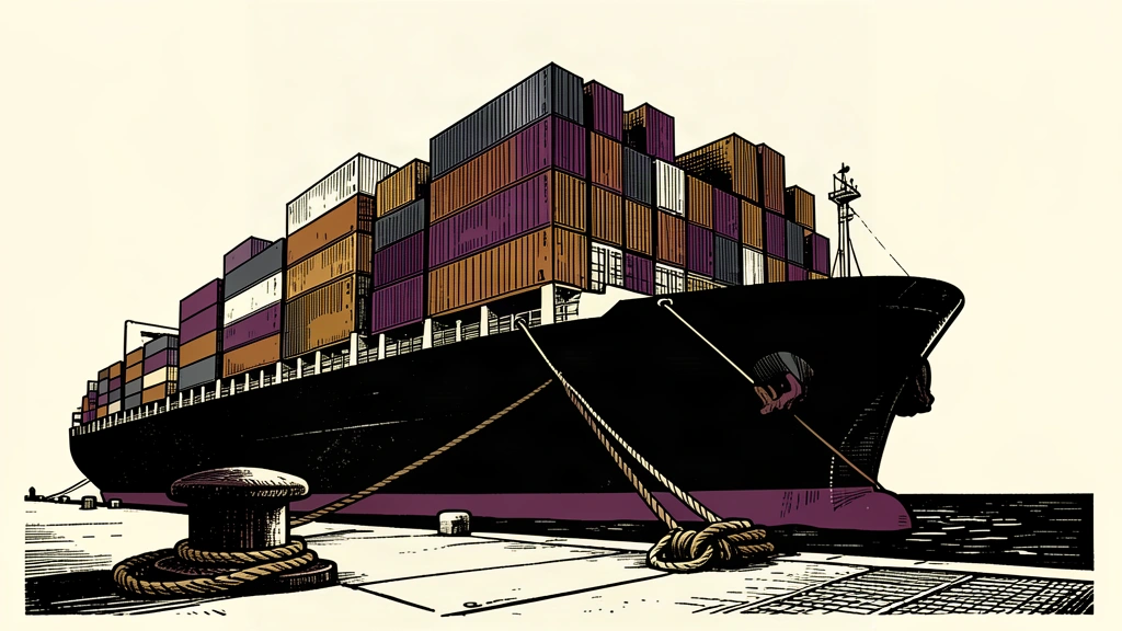 A low-angle illustration of a heavily loaded cargo ship moored at a dock, representing a significant rise in imports.