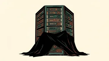 Anthropic revenue slowdown impacts AI sector: a large computer server rack is partially covered by a dark shadow on a clean ivory background.